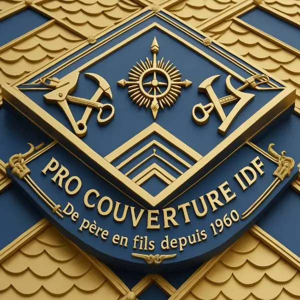 Blason doré de Pro Couverture IDF sur fond bleu : ancre marine, boussole, compas, avec inscription "PRO COUVERTURE IDF De père en fils depuis 1960".