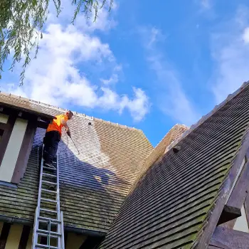 Nettoyage et démoussage 4 Couvreur effectuant un nettoyage et démoussage d'une toiture en pente au jet contrôlé depuis une échelle, zone claire visible, intervention à Versailles (Yvelines)
