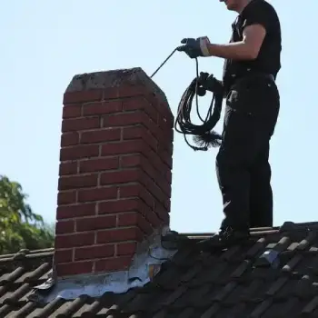 Couvreur effectuant le Ramonage d’une cheminée en briques sur un toit à Versailles dans les Yvelines.